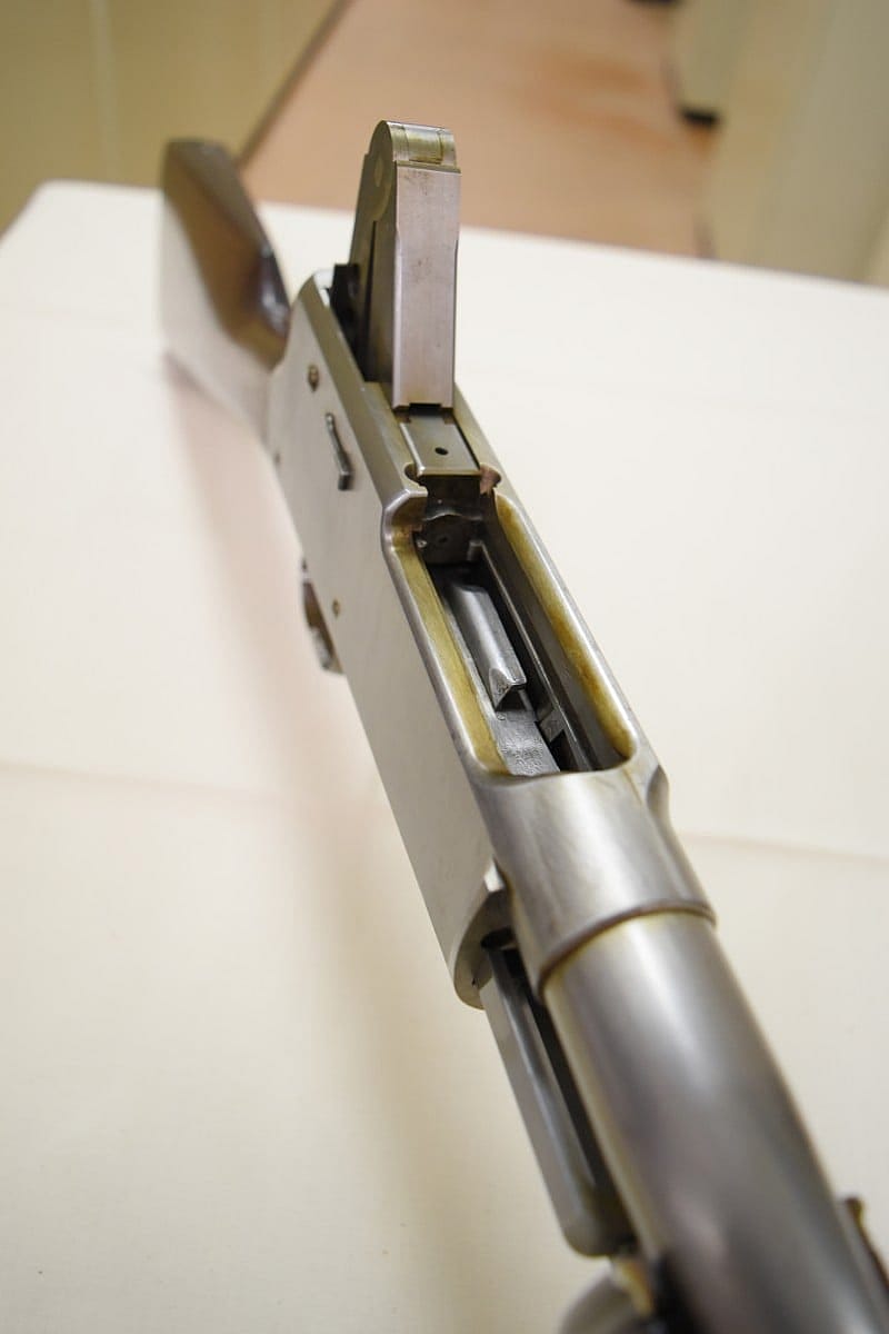 Rifle action fully open. You can see the toggle link fully flexed.
