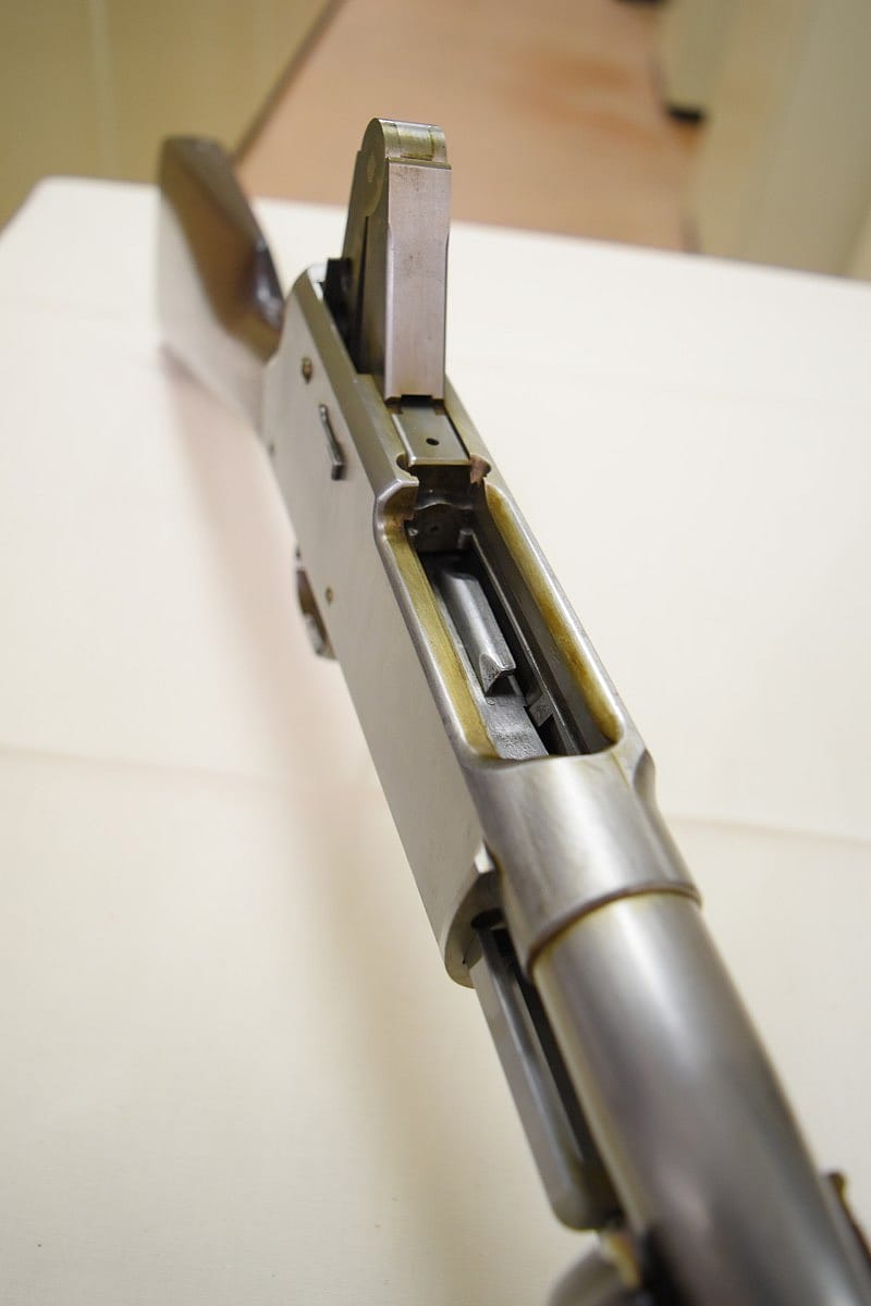 Rifle action fully open. You can see the toggle link fully flexed.