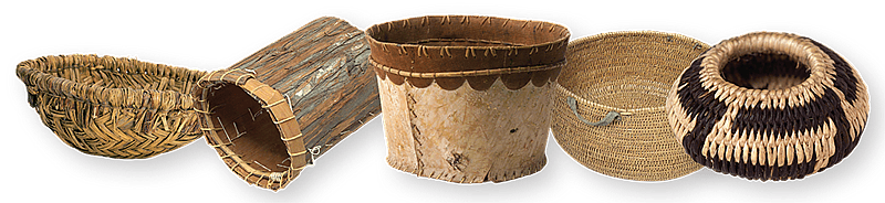 (Fig. 1, L–R) Note the various locales providing plant materials used in these baskets. NA.106.800, split yucca (Pueblo, southwest U.S., ca. 1930). Gift of Mr. and Mrs. Harris A. Thompson. | NA.106.463, cedar (Salish, Pacific Northwest, ca. 1900). | NA.106.464, birch (Ojibway [Chippewa], Great Lakes and southeast Canada, ca. 1920). | NA.106.597, willow (Iñupiat, Arctic Alaska, 20th century). Simplot Collection. Gift of J.R. Simplot. | NA.506.54, split sedge root and split bracken fern or bulrush root (Pomo, California, undated). Dr. Robert L. Anderson Collection.