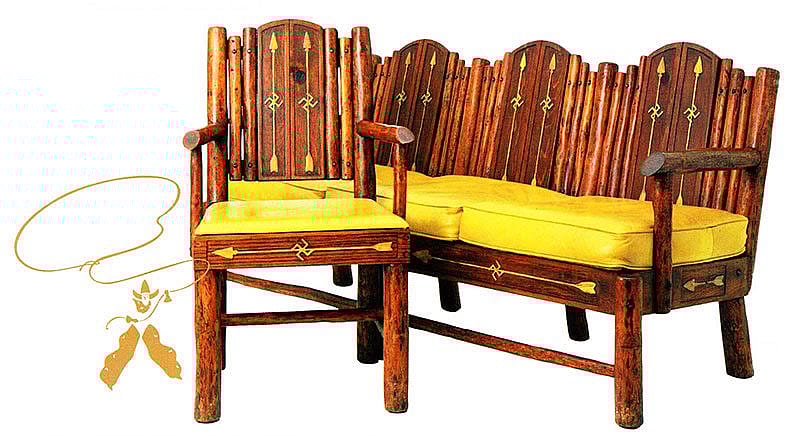 Swastika settee and chair. The set utilized plain and straightforward construction. The central slats and face rails are of routed hardwood selectively stained to enhance the Native American Design. Courtesy the Paul Stock Foundation, Cody, Wyoming