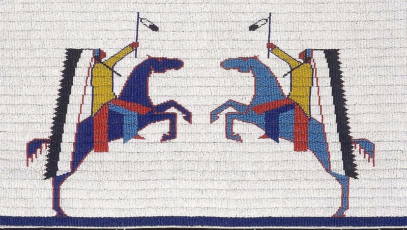 Man's Vest (detail, back), Marcus Dewey, Northern Arapaho, Fort Collins, Colorado, 2003. Tanned hide, glass beads, and cotton cloth. Plains lndian Museum Acquisitions Fund Purchase. NA.202.1276