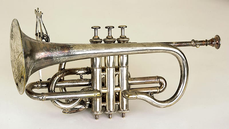 Cody Bell's cornet. Chicago Music Company, 1902. Gift in memory of William A. Bell and Leonard Cody Bell by Mrs. Frances Slattery Guilbert. 1.69.6106