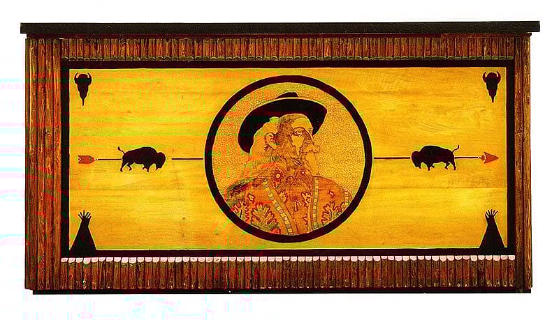 Buffalo Bill bar. These two pieces were originally commissioned as service counters. They feature the routed images of Cody's namesake, Buffalo Bill, and an Indian chieftan.
