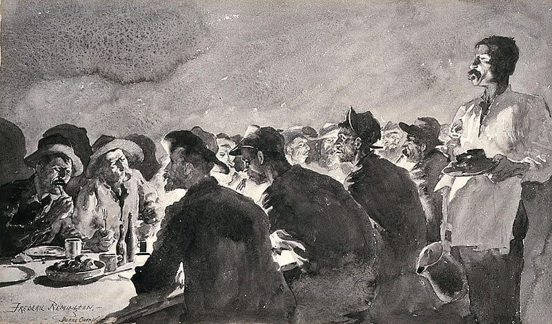 Frederic Remington (1861–1909). "The Mess Tent at Night," 1890 –1891. Buffalo Bill Center of the West, Cody, Wyoming, USA. Appeared in "Harper's Monthly," November 1891. Museum Purchase. 11.7