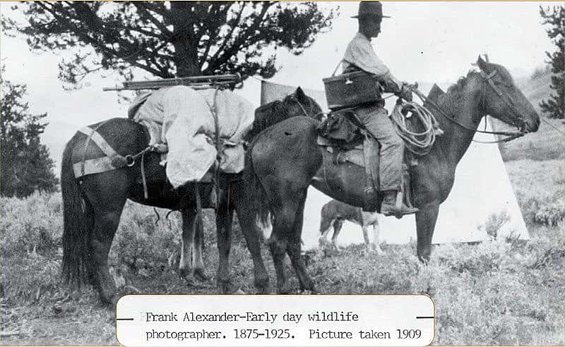 Frank Alexander on horseback with photographic equipment, 1909. Image courtesy Sublette County Historic Preservation Board, Pinedale, Wyoming. Paul Allen Collection. MM026109
