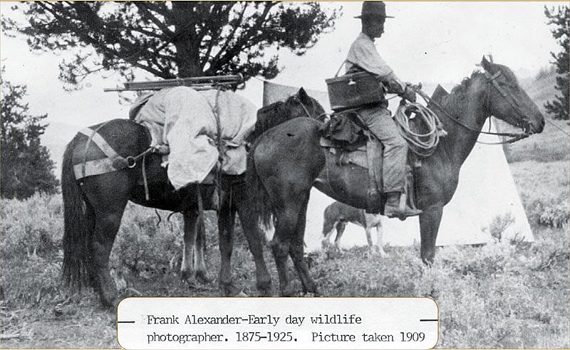 Frank Alexander on horseback with photographic equipment, 1909. Image courtesy Sublette County Historic Preservation Board, Pinedale, Wyoming. Paul Allen Collection. MM026109