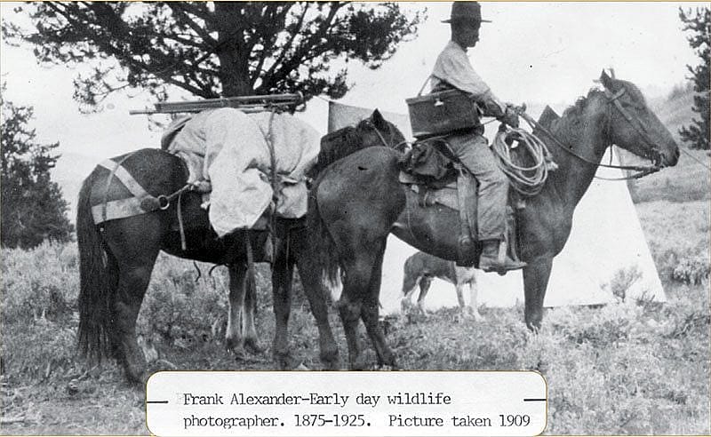 Frank Alexander on horseback with photographic equipment, 1909. Image courtesy Sublette County Historic Preservation Board, Pinedale, Wyoming. Paul Allen Collection. MM026109