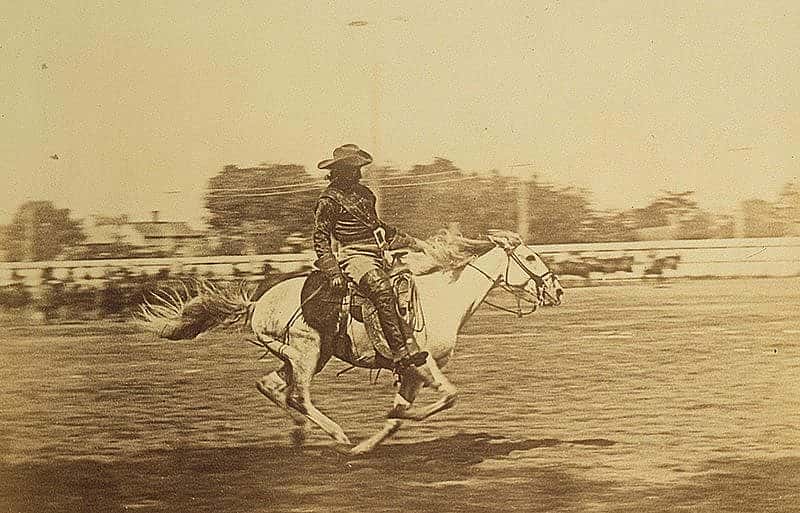 Cody liked riding at full speed. In this undated photo, he races his horse in an arena. MS 71 Vincent Mercaldo Collection, McCracken Research Library. P.71.40.1