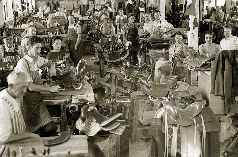 Workers in a saddle factory. MS 60 Victor Alexander Collection, McCracken Research Library. MS.60.09.3.02.21.02a