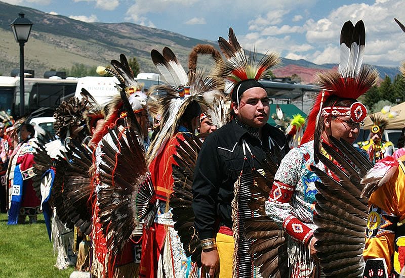 Men's traditional dancers at the Plains Indian Museum Powwow.