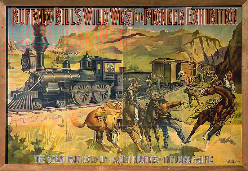 The New York Times reported that the citizens of Paterson, New Jersey, found this Wild West poster of outlaws attacking a train too graphic. Buffalo Bill’s Wild West and Pioneer Exhibition, 1907. Poster, 108 x 159.5 inches. Courier Company lithograph, Buffalo, New York. Original Buffalo Bill Museum Collection. 1.69.540