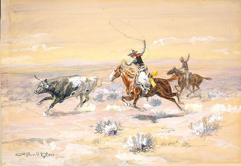 Charles M. Russell (1864-1926). "Cowboys from the Bar Triangle," 1904. Gift of William E. Weiss. 59.72. The brand identifies the steer as belonging to the Cicely Grum outfit ranging south of Judith Gap in Montana. 59.72