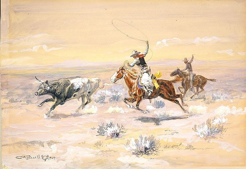 Charles M. Russell (1864-1926). "Cowboys from the Bar Triangle," 1904. Gift of William E. Weiss. 59.72. The brand identifies the steer as belonging to the Cicely Grum outfit ranging south of Judith Gap in Montana. 59.72