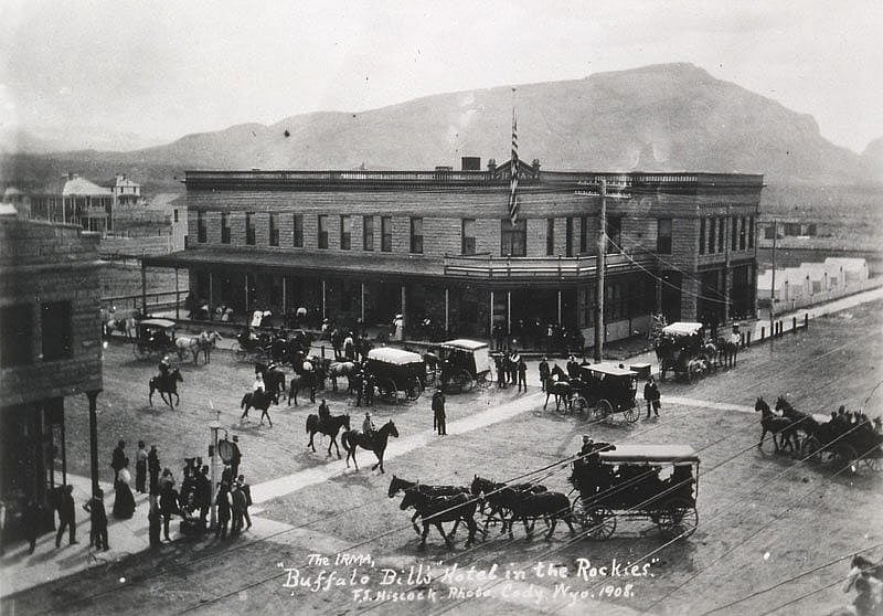 The Irma Hotel in downtown Cody, Wyoming, ca. 1908. Black and white photograph by F.S. Hiscock. MS 6 William F. Cody Collection. P.6.726