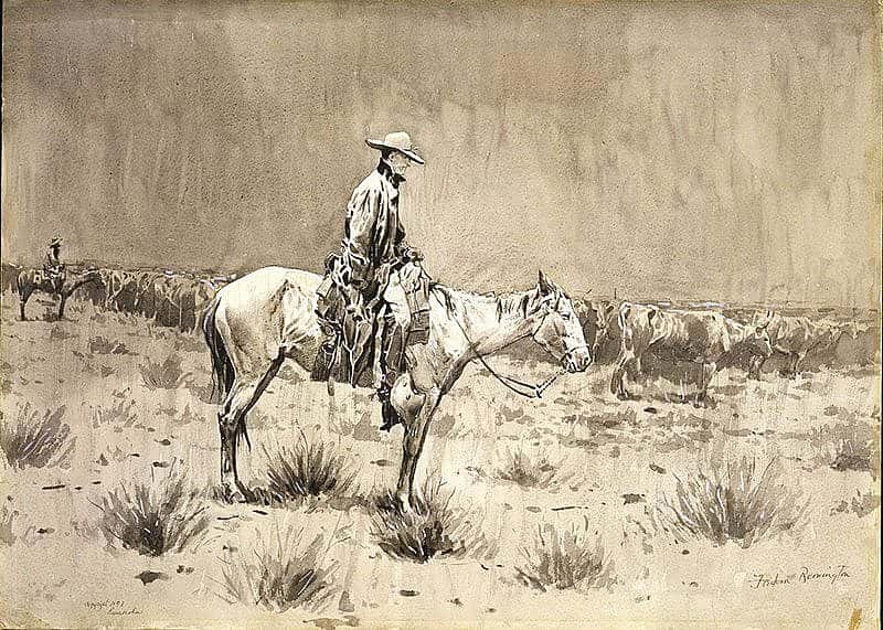 Frederic Remington (1861-1909). "Riding Herd in the Rain," ca. 1897. Gift of The Hon. C.V. Whitney. 1.63, Remington published this painting in his book "Drawings," which included a preface by Owen Wister, the author of the Remington-illustrated, classic article "The Evolution of the Cowpuncher." 1.63