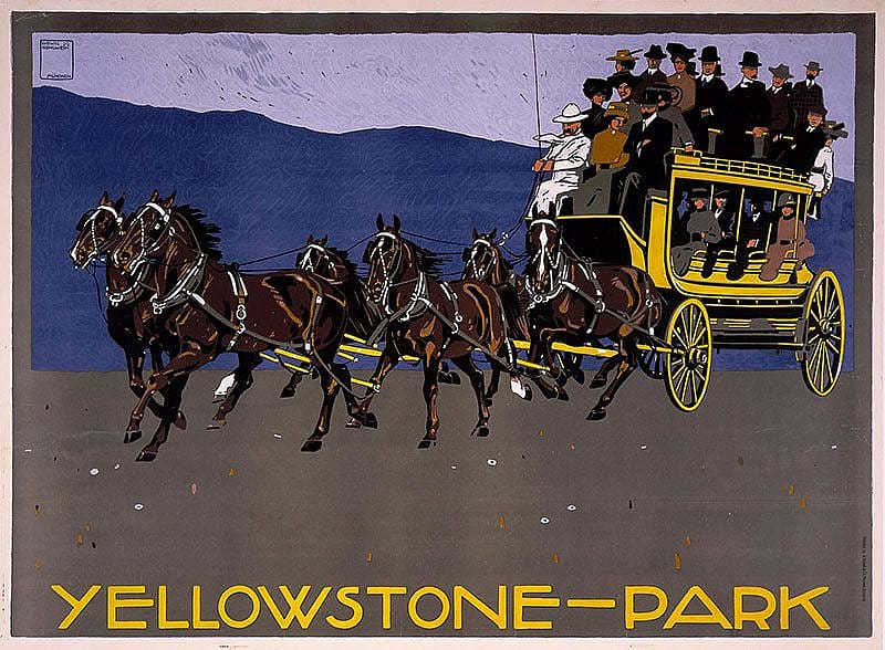 "Yellowstone Park," ca. 1910. Artist: Ludwig Hohlwein, printer: G. Schuh & Cie. Four colored serigraph poster, 47.625 x 34 inches. Gift of Clyde S. Erskine and Helen E. Erskine. 1.69.1836