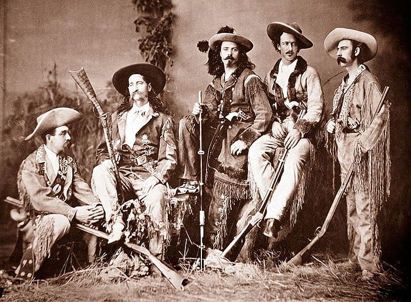 The "Flamboyant Fraternity": left to right, Elisha P. Green, James Butler Hickok, William F. Cody, John B. "Texas Jack" Omohundro, and Eugene Overton, 1873. R.H. Furman photograph. Museum Purchase, Garlow Collection. P.6.908