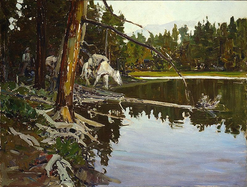 Frank Tenney Johnson (1874-1939). "Cove in Yellowstone Park," 1938. Oil on canvas, 30 x 40 inches. Gift of Fred and Sara Machetanz. 2.82