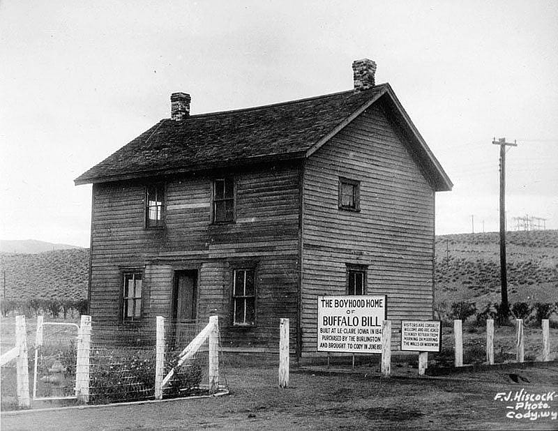 Buffalo Bill's Boyhood Home relocated to Cody from LeClaire. Located at the Burlington Depot near the Burlington Inn just north of Cody. F.J. Hiscock Photo. P.6.529