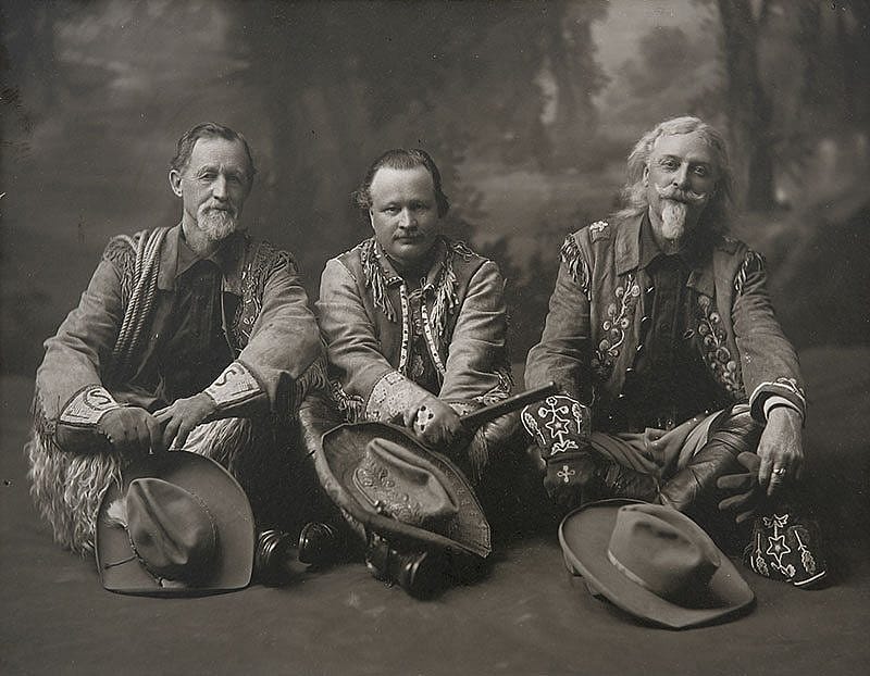 Captain Jack Crawford, Pawnee Bill and William F. "Buffalo Bill" Cody in their Wild West show dress, ca. 1911. Original Buffalo Bill Museum Collection. P.69.1084