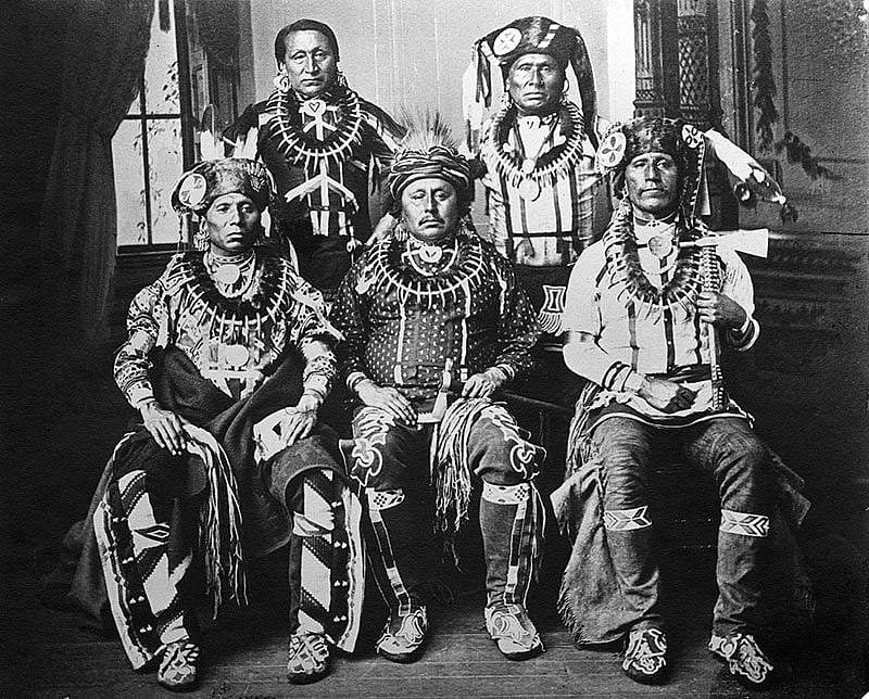 Otoe Delegation to Washington, D.C. in January 1881, each wearing bear claw necklaces. John K. Hillers photograph. Adolf Spohr Collection, McCracken Research Library. P.42.203