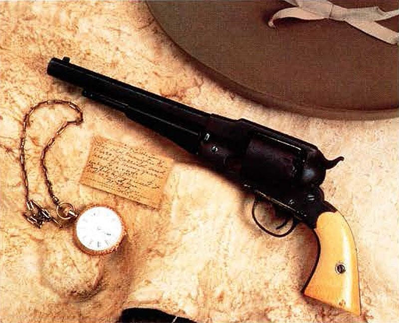 Remington New Model Army revolver. In 1906, William F. "Buffalo Bill" Cody sent this revolver as a gift to the managers of his Nebraska ranch, Charlie Trego and his wife Carrie. A note accompanied the gift which read, "This old Remington revolver I carried and used for many years in Indian wars and buffalo killing. And it never failed me." Photograph by Paul Goodwin, Newport, Kentucky.
