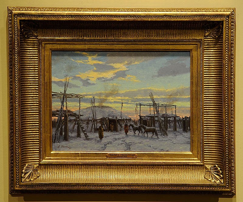 Charles Fritz (b. 1955). "Nightfall in a Mandan Village," 2002. Oil on canvas, 12 x 16 inches. From the collection of Timothy Peterson.