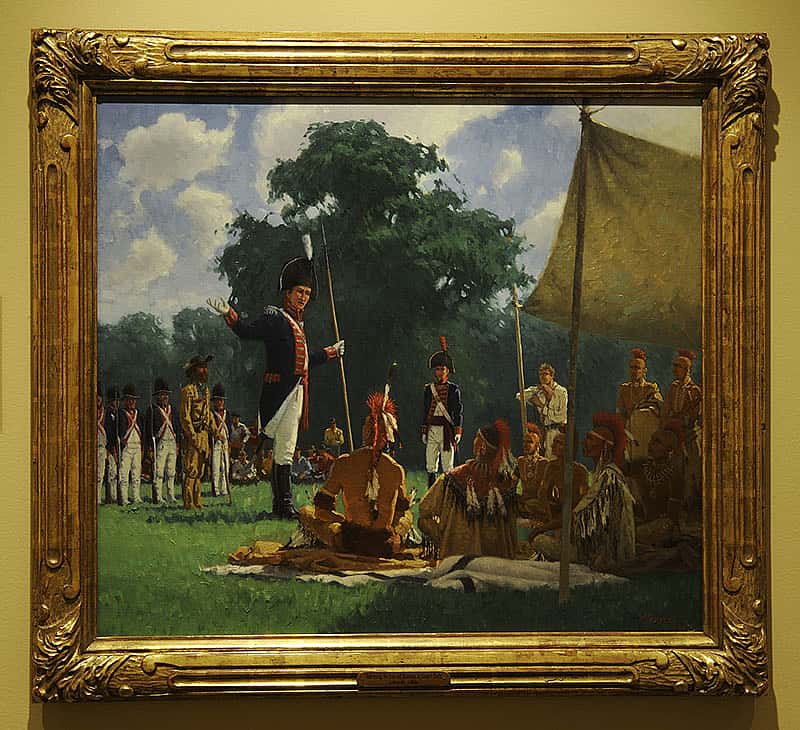 Charles Fritz (b. 1955). "Addressing the Oto and Missouria at Council Bluffs," 1999. Oil on canvas, 32 x 34 inches. From the collection of Timothy Peterson.