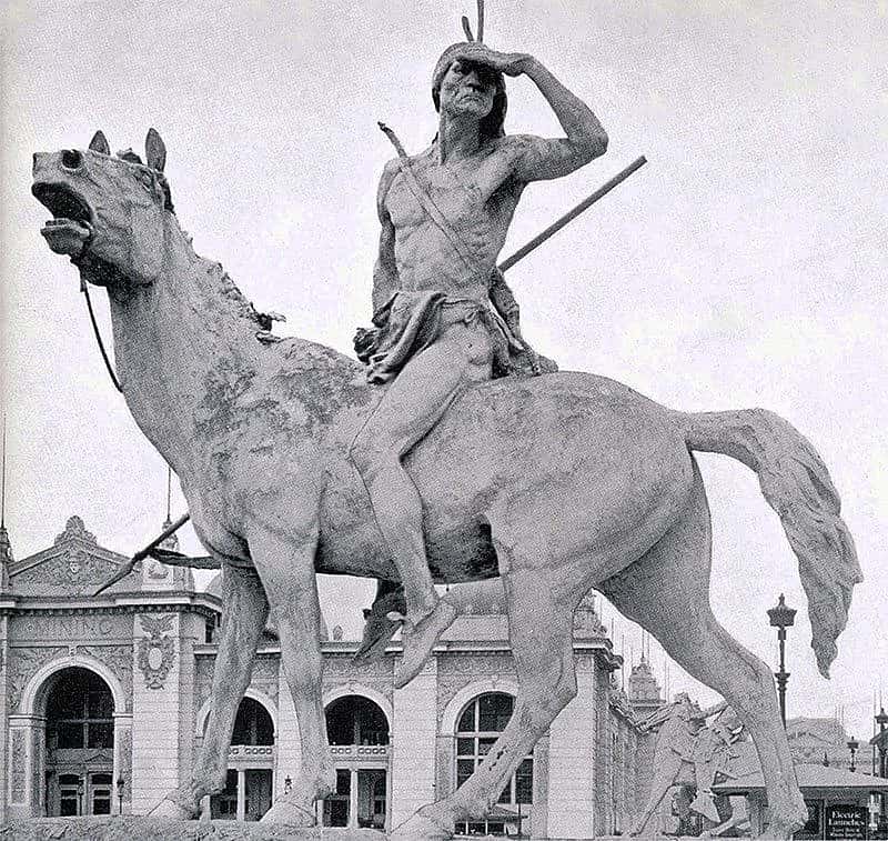 Proctor's "Indian" at the World's Columbian Exposition, Chicago, 1893. Photographic illustration from "The Dream City, A Portfolio of Photographic Views of the World's Columbian Exposition with an introduction by Halsey C. Ives" (St. Louis: N.D. Thompson Co., 1893-94).
