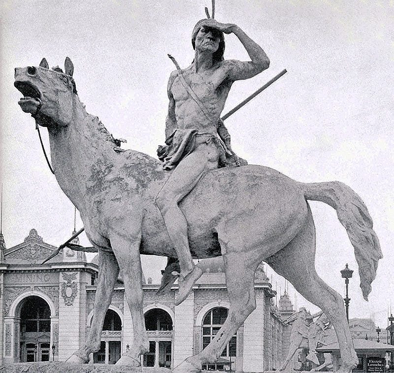 Proctor's "Indian" at the World's Columbian Exposition, Chicago, 1893. Photographic illustration from "The Dream City, A Portfolio of Photographic Views of the World's Columbian Exposition with an introduction by Halsey C. Ives" (St. Louis: N.D. Thompson Co., 1893-94).