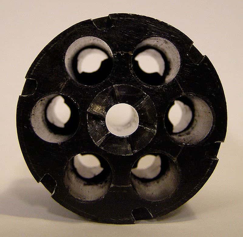 Restricted cylinder from an Italian made, single action revolver made to fire .380 blank firing cartridges. Courtesy the Milwaukee Repertory Theatre Company Props Department, Milwaukee, Wisconsin.