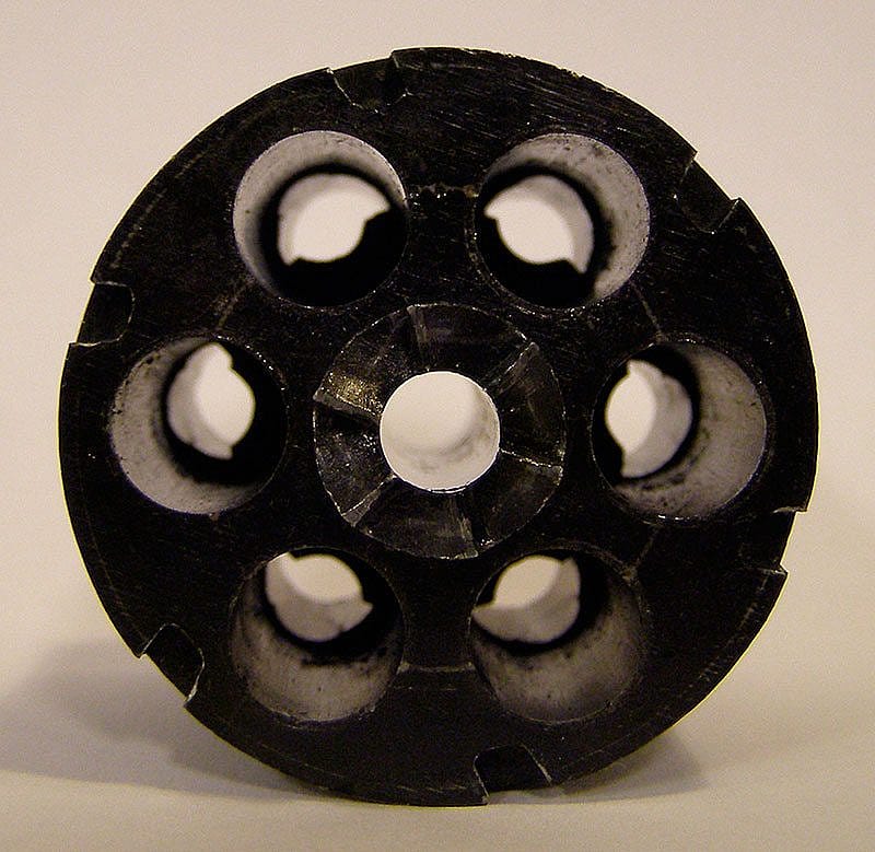 Restricted cylinder from an Italian made, single action revolver made to fire .380 blank firing cartridges. Courtesy the Milwaukee Repertory Theatre Company Props Department, Milwaukee, Wisconsin.