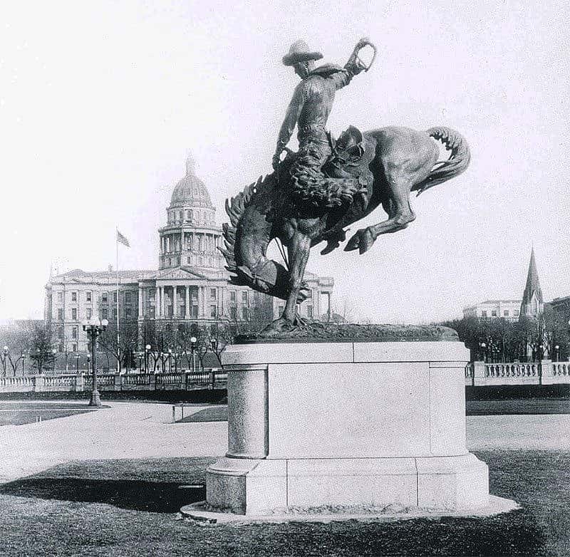 Photographer unknown. Alexander Phimister Proctor's "Broncho Buster" in Denver's Civic Center Plaza, dedicated 1920. Photograph courtesy A. Phimister Proctor Museum, Poulsbo, Washington.