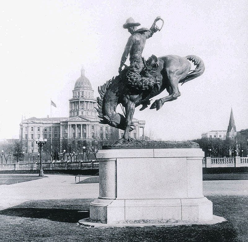 Photographer unknown. Alexander Phimister Proctor's "Broncho Buster" in Denver's Civic Center Plaza, dedicated 1920. Photograph courtesy A. Phimister Proctor Museum, Poulsbo, Washington.