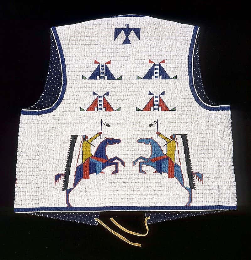 Man's Vest (back), Marcus Dewey, Northern Arapaho, Fort Collins, Colorado, 2003. Tanned hide, glass beads, and cotton cloth. Plains Indian Museum Acquisitions Fund Purchase. NA.202.1276