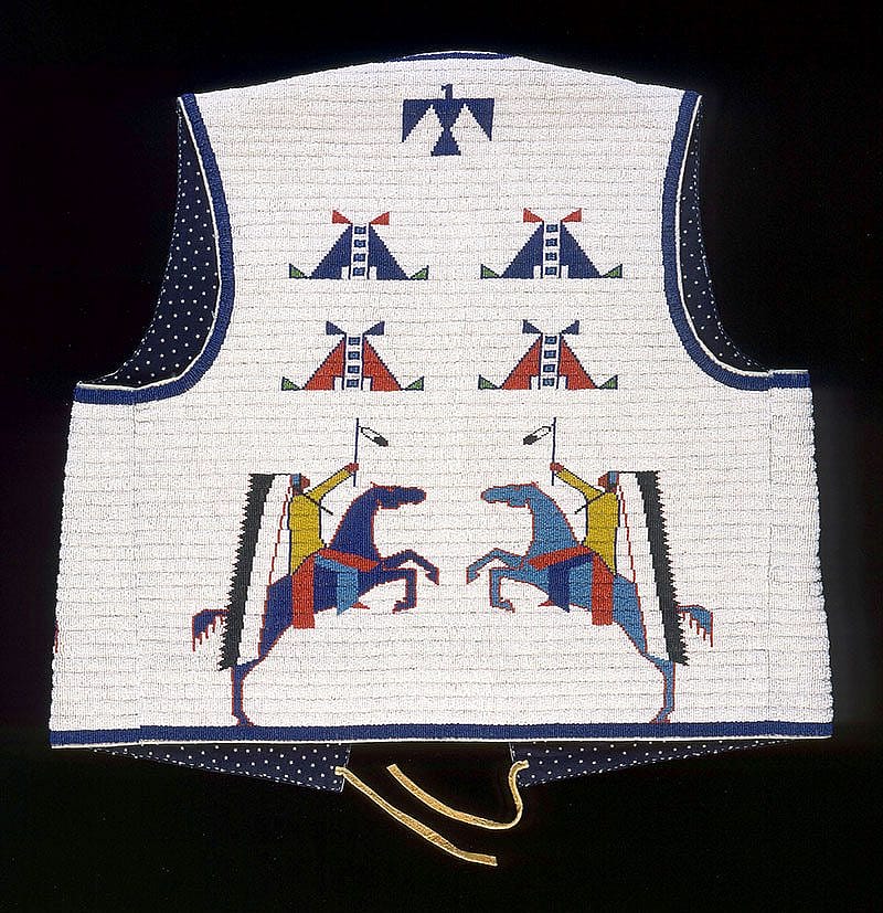 Man's Vest (back), Marcus Dewey, Northern Arapaho, Fort Collins, Colorado, 2003. Tanned hide, glass beads, and cotton cloth. Plains Indian Museum Acquisitions Fund Purchase. NA.202.1276