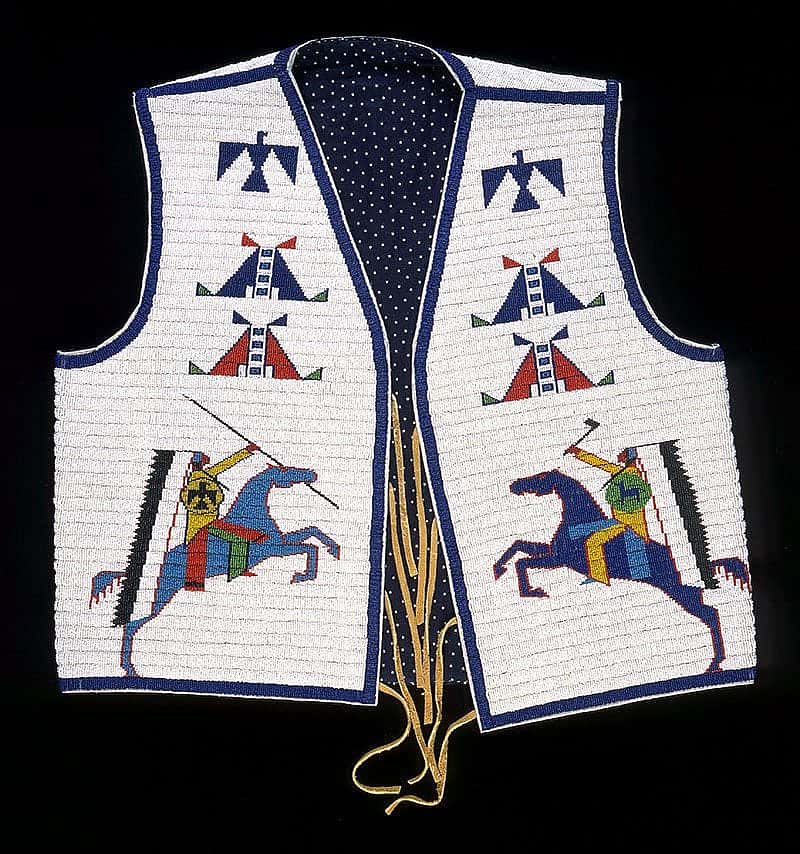 Man's Vest (front), Marcus Dewey, Northern Arapaho, Fort Collins, Colorado, 2003. Tanned hide, glass beads, and cotton cloth. Plains Indian Museum Acquisitions Fund Purchase. NA.202.1276