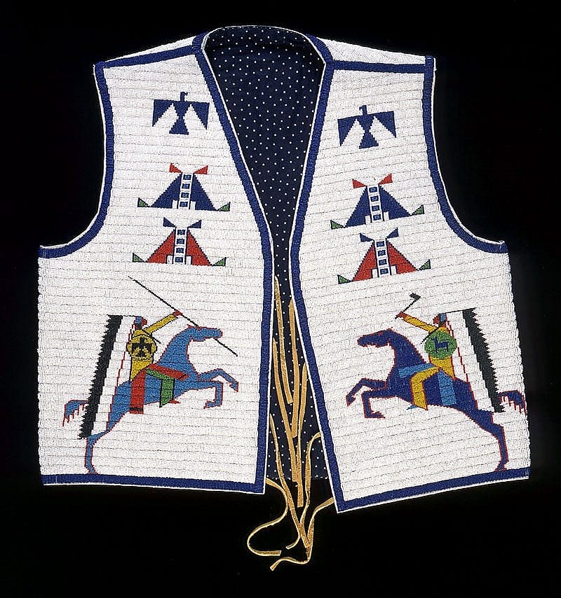 Man's Vest (front), Marcus Dewey, Northern Arapaho, Fort Collins, Colorado, 2003. Tanned hide, glass beads, and cotton cloth. Plains Indian Museum Acquisitions Fund Purchase. NA.202.1276