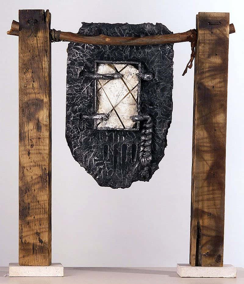 Bently Spang, Northern Cheyenne, Billings, Montana, (b. 1960). "Pevah," 1991. Cast aluminum, travertine, marble, redwood, cedar, buckskin. Stanley N. Landergren Bequest Purchase Fund. 4.97