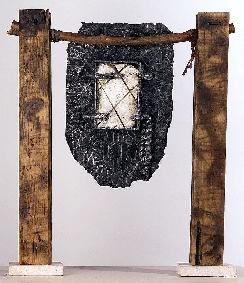 Bently Spang, Northern Cheyenne, Billings, Montana, (b. 1960). "Pevah," 1991. Cast aluminum, travertine, marble, redwood, cedar, buckskin. Stanley N. Landergren Bequest Purchase Fund. 4.97
