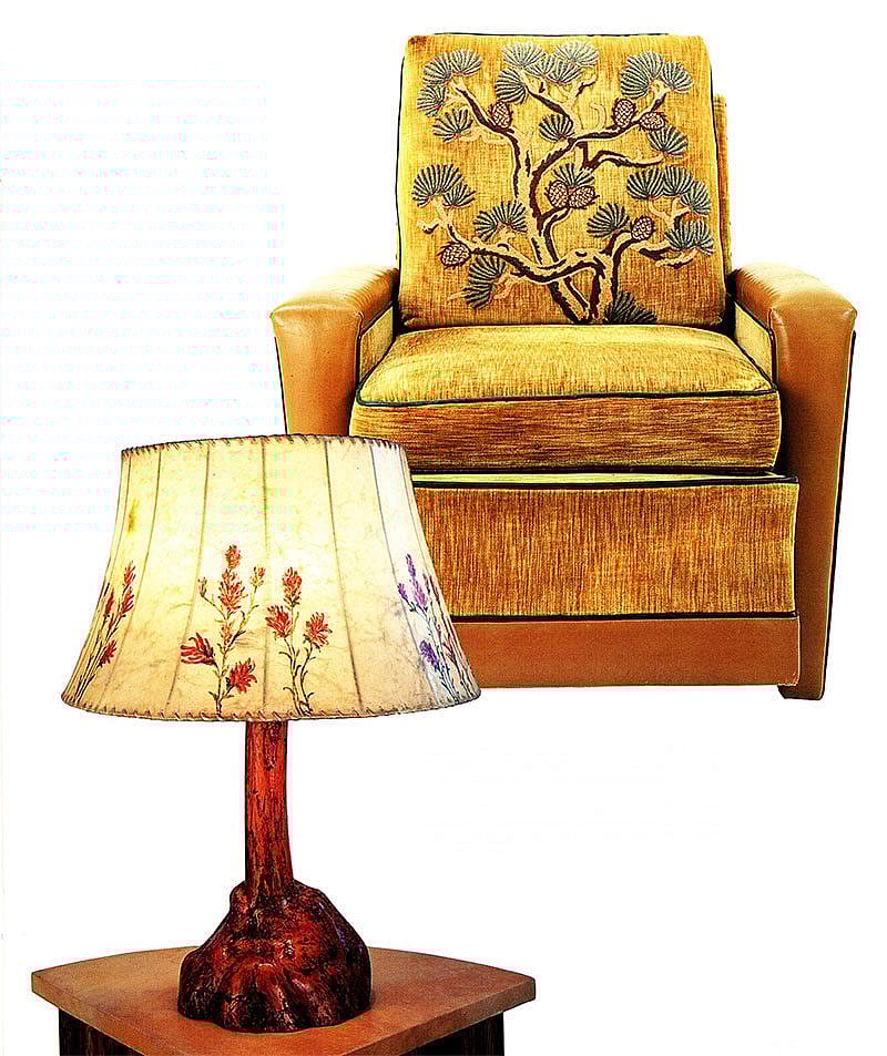 Slabsided armchair, fabric-covered with pine bough motif. Courtesy Paul Stock Foundation. Characteristic burl lamp includes a commercially produced rawhide shade painted by Molesworth with an Indian paintbrush design. Courtesy Robert D. Coe II