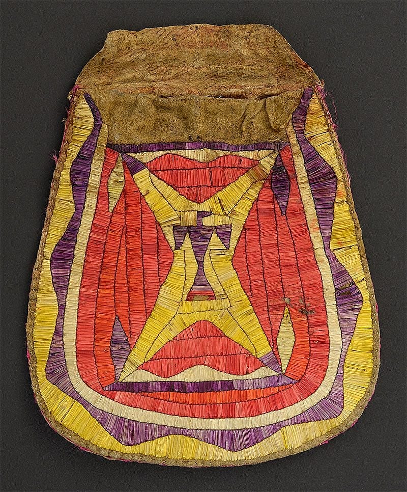 Bag, 1890. Sioux, Northern Plains. Tanned hide, cotton thread, dyed porcupine quills, satin ribbon. The Paul Dyck Plains Indian Buffalo Culture Collection, acquired through the generosity of the Dyck family and additional gifts of the Nielson Family and the Estate of Margaret S. Coe. NA.202.1401