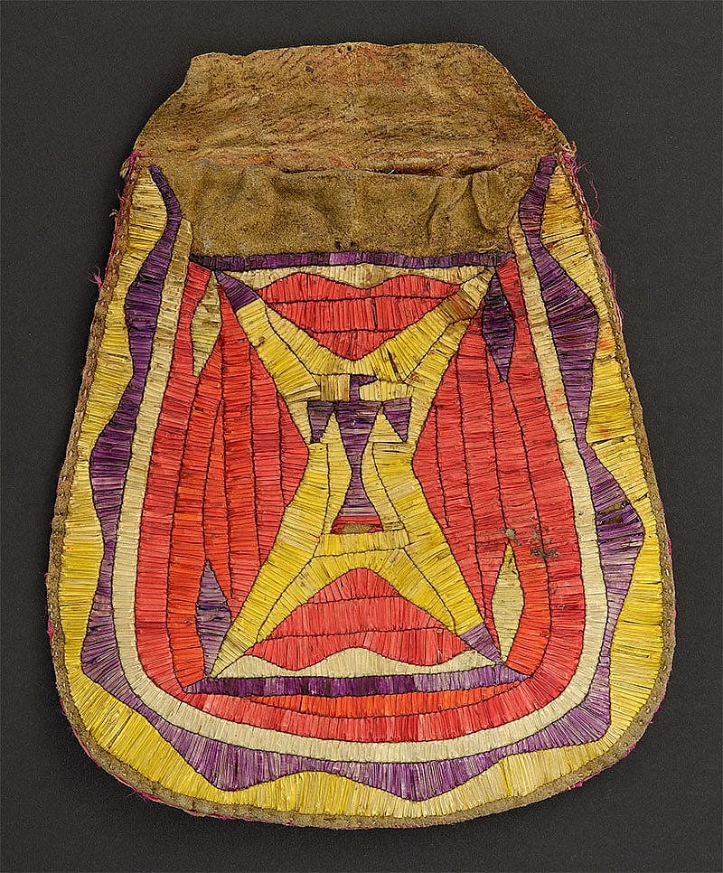 Bag, 1890. Sioux, Northern Plains. Tanned hide, cotton thread, dyed porcupine quills, satin ribbon. The Paul Dyck Plains Indian Buffalo Culture Collection, acquired through the generosity of the Dyck family and additional gifts of the Nielson Family and the Estate of Margaret S. Coe. NA.202.1401