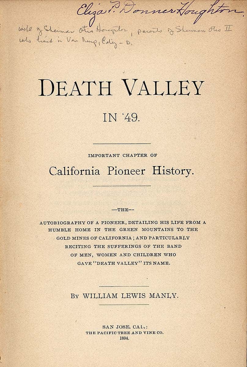 Eliza Donner Houghton's signature appears on the title page of William Lewis Manly's "Death Valley in '49," 1894. McCracken Research Library Rare Books Collection.