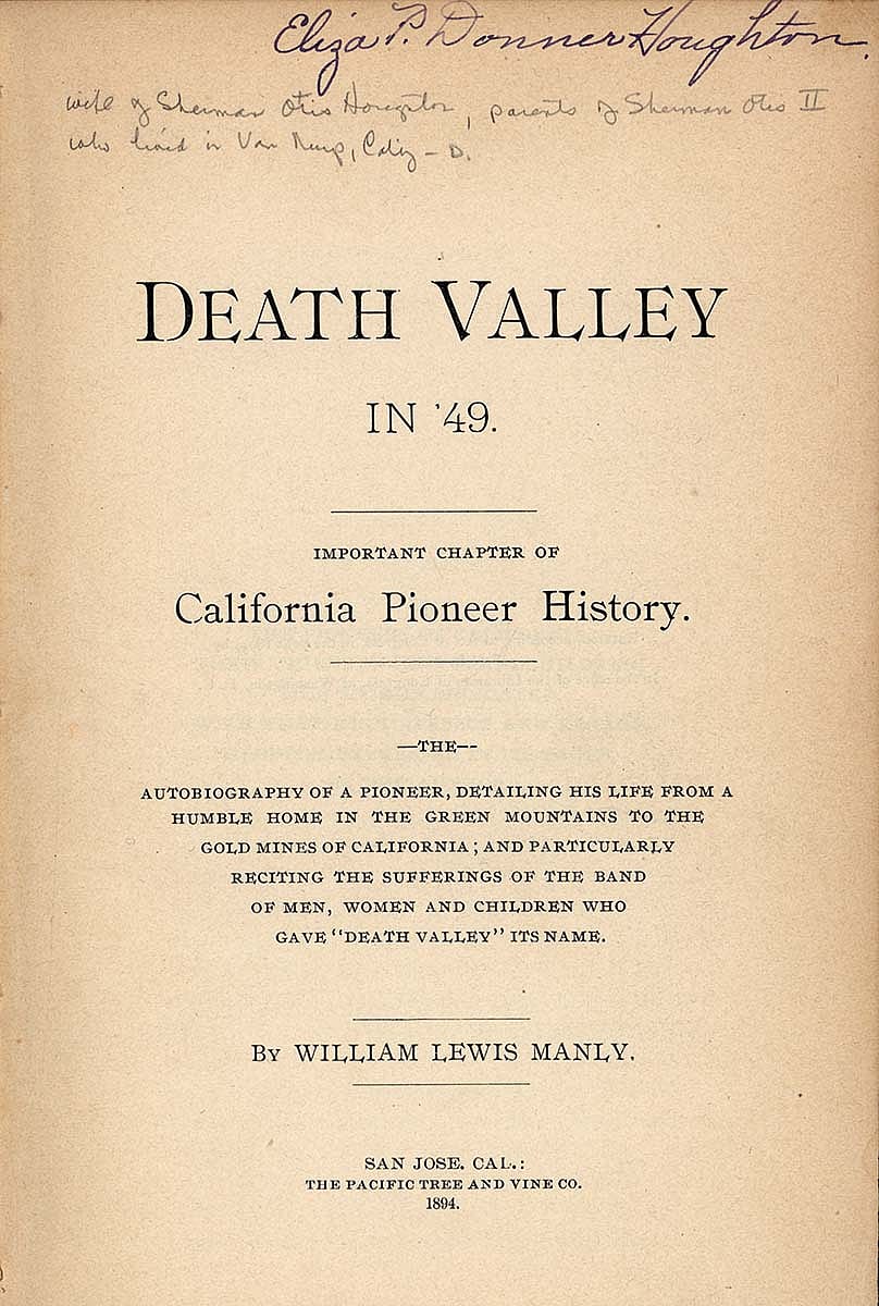 Eliza Donner Houghton's signature appears on the title page of William Lewis Manly's "Death Valley in '49," 1894. McCracken Research Library Rare Books Collection.