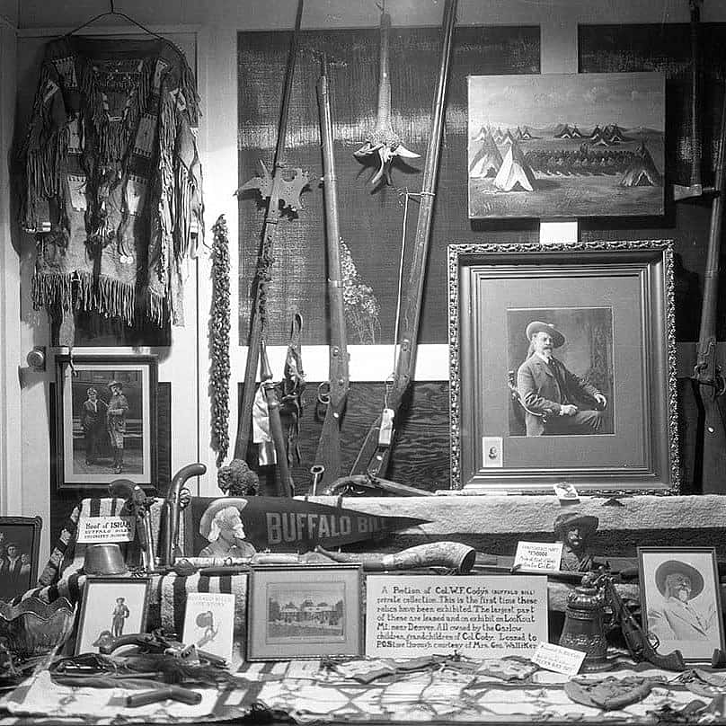 William F. "Buffalo Bill" Cody exhibit—including his firearms—in the original Buffalo Bill Museum, ca. 1930. MS 228 Buffalo Bill Museum Photographs Collection, McCracken Research Library. PN.228.156
