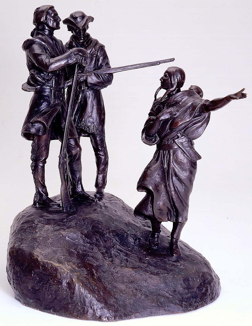 Henry Lion (1900-1966). "Lewis and Clark and Sacajawea," ca. 1963. Bronze, 35.25 inches. Gift of Charles S. Jones. 27.64