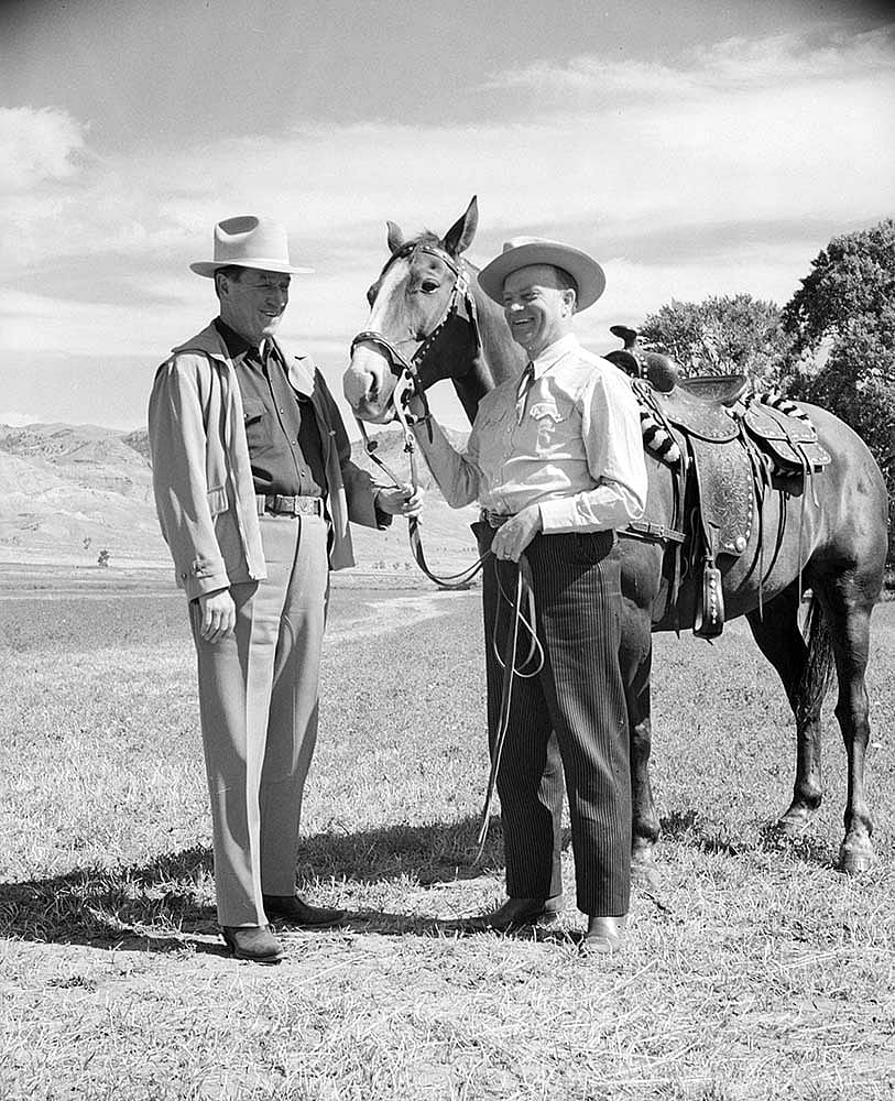 Robert W. Woodruff (left) and ventriloquist Edgar Bergen next to horse on TE Ranch, 1950. Jack Richard (1909-1992) photo. MS 089 Jack Richard Photograph Collection. PN.89.1.180.04