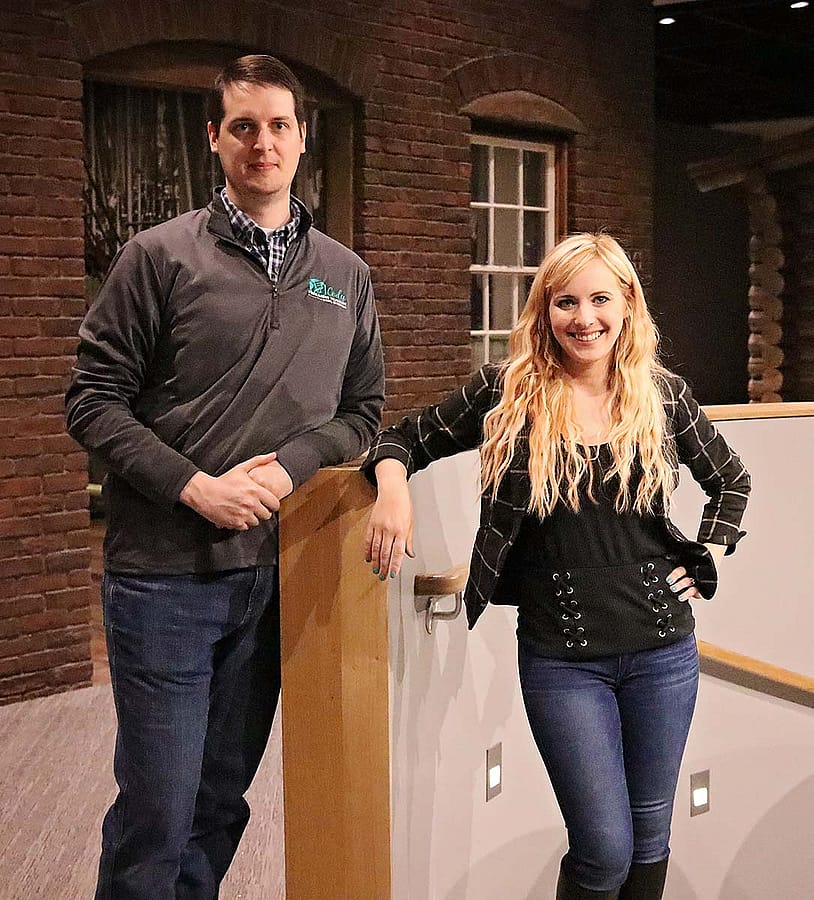 Danny Michael and Ashley Hlebinsky in the new Cody Firearms Museum as the renovation nears completion.