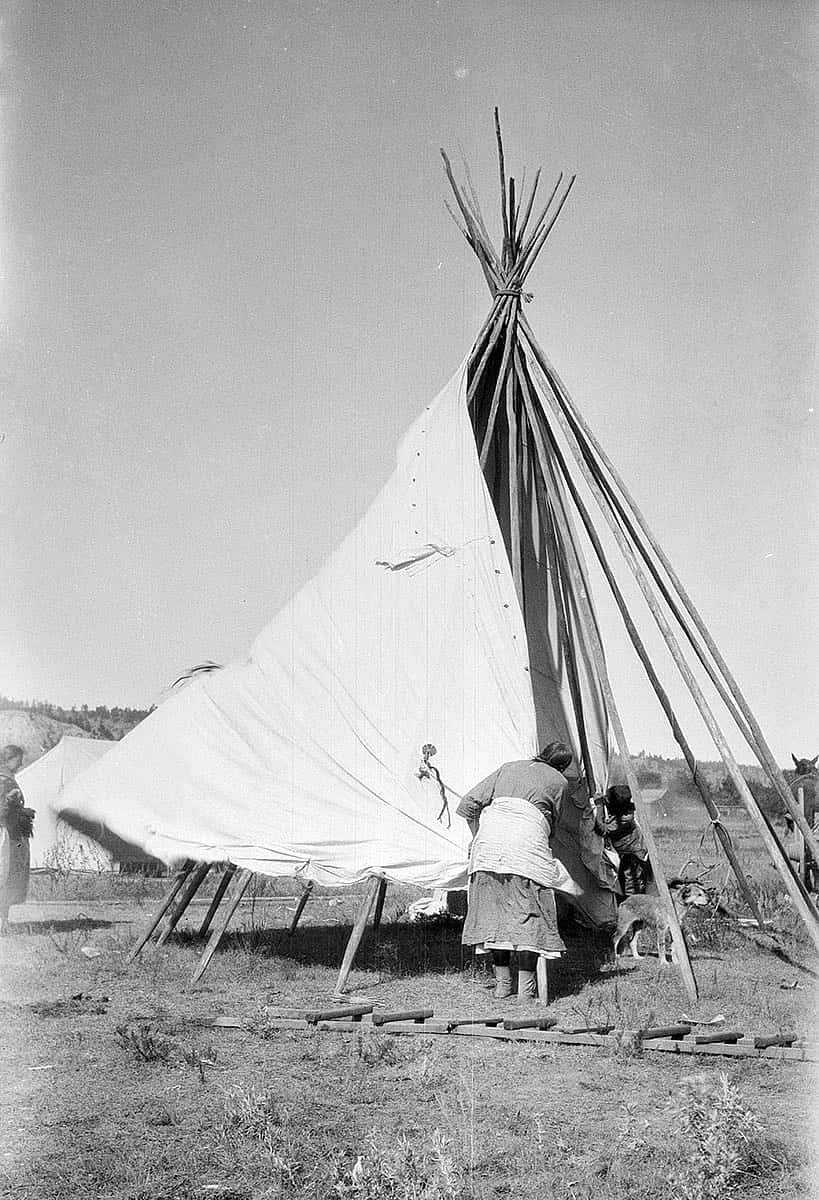 Two Cheyenne women setting up tipi, ca. 1922-1935. MS 165 Thomas B. Marquis Collection. PN.165.1.170